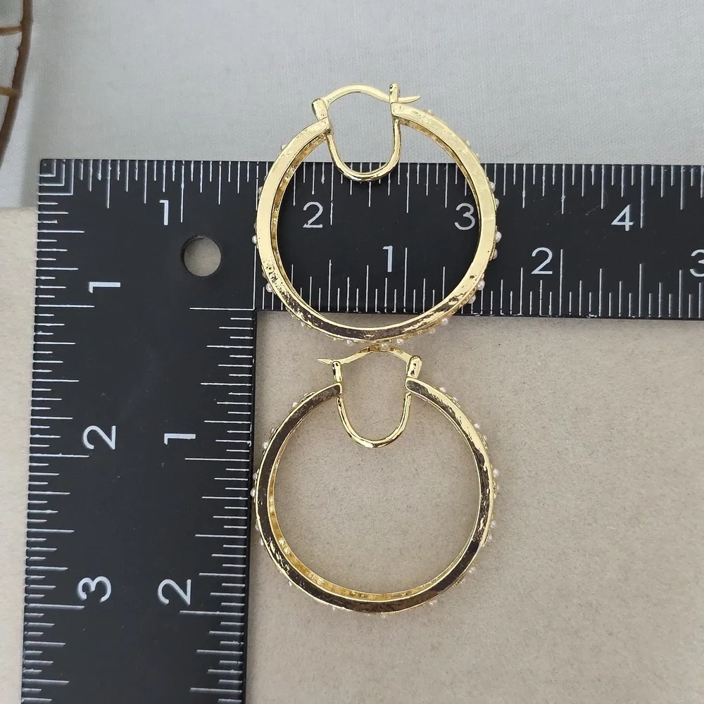 Gold Filled Hoop Earrings Greek Key Design with Pearl Accent